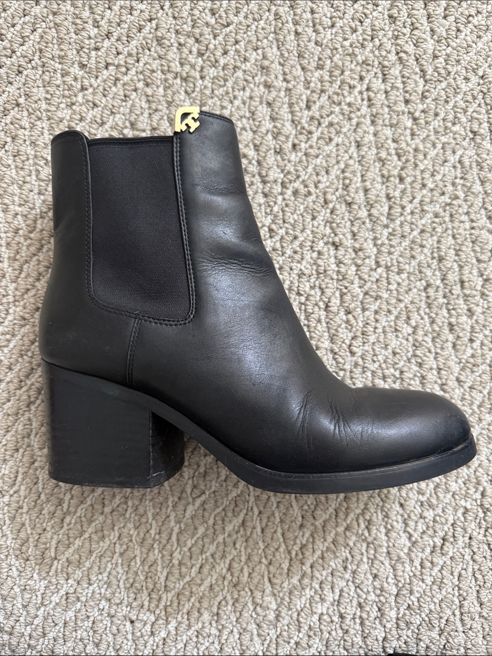 Tory Burch Black Leather Ankle Booties with Gold Logo Accent